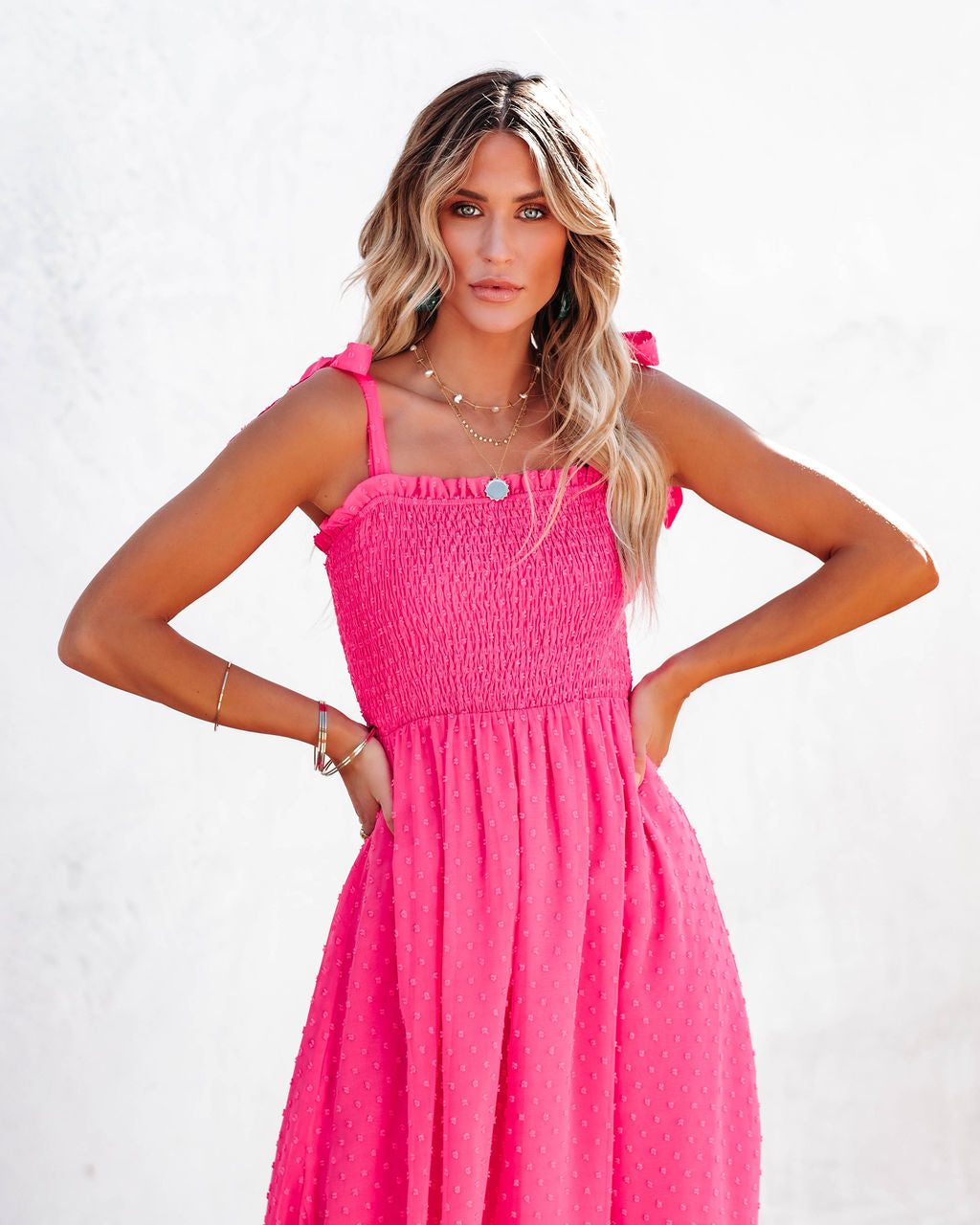 Hazelle Smocked Swiss Dot Maxi Dress Fuchsia