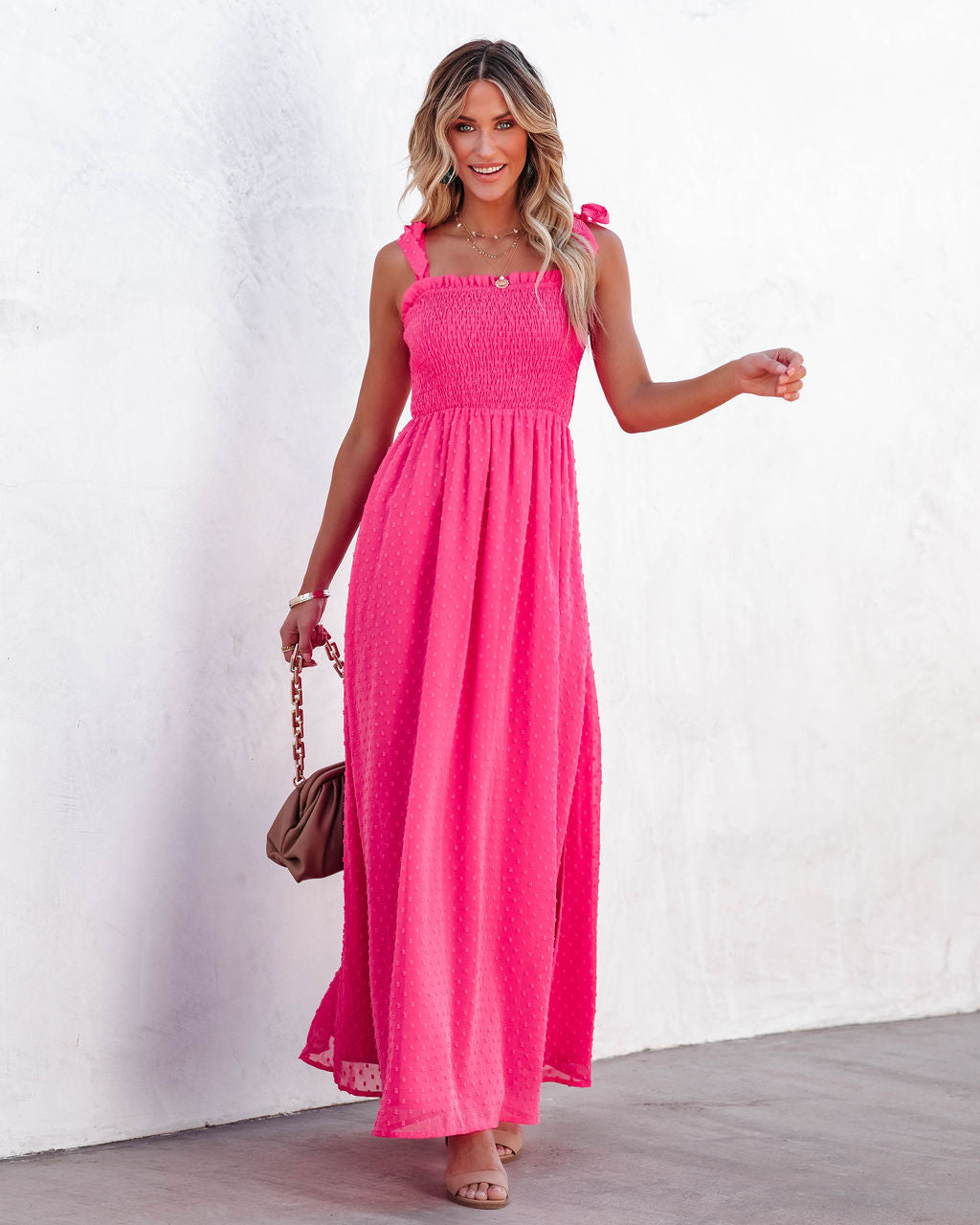 Hazelle Smocked Swiss Dot Maxi Dress Fuchsia