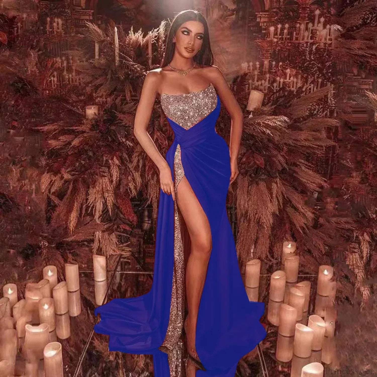 High Slit Flower Sequin Prom Dress