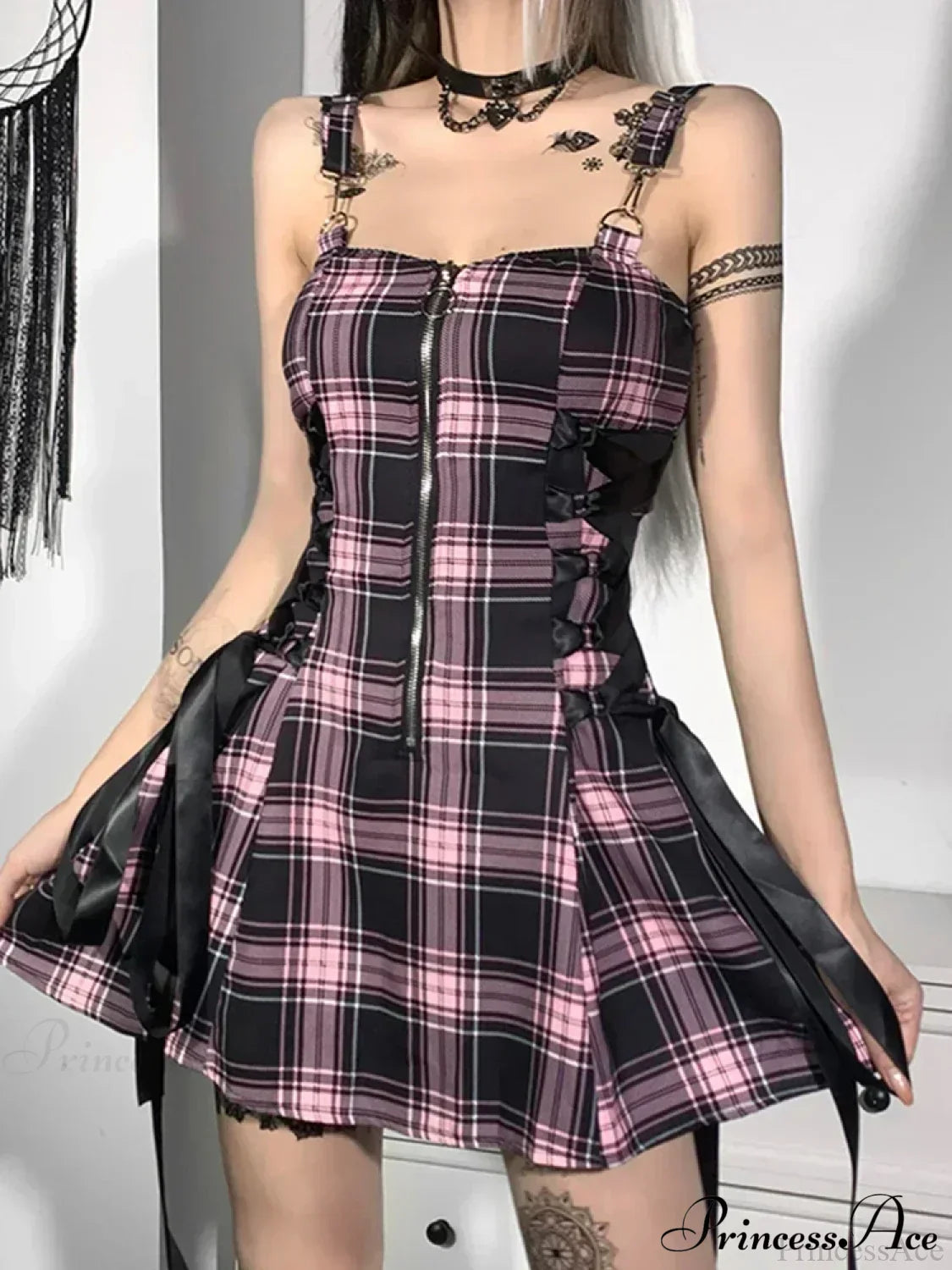 Waist High Spaghetti Strap Plaid Mini Dress