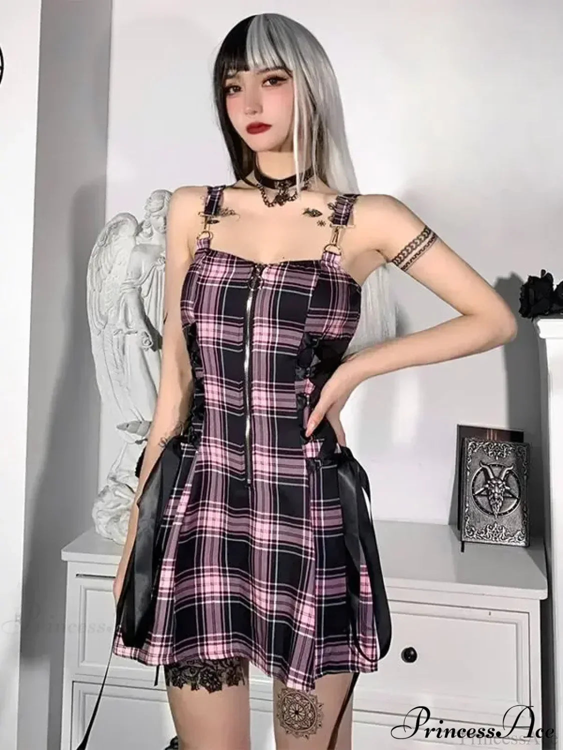 Waist High Spaghetti Strap Plaid Mini Dress