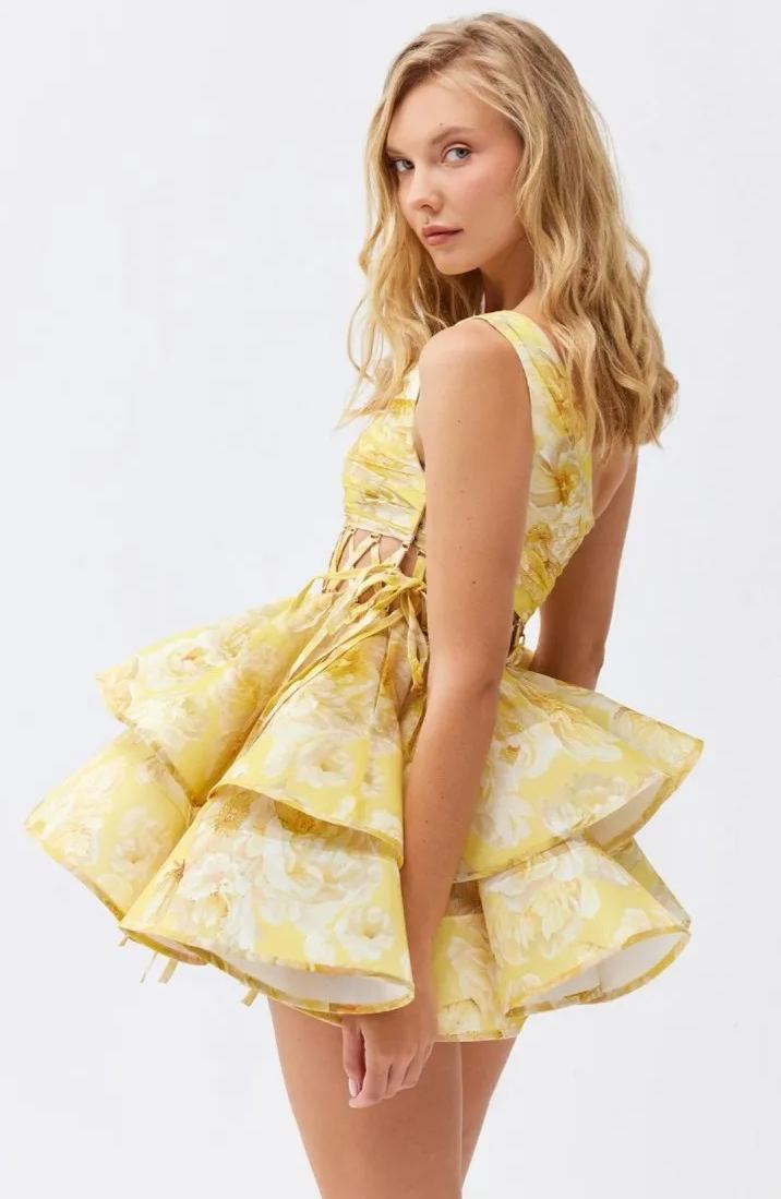 Paula Premium Flower Print One Shoulder Chiffon Mini Dress Everyday Luxe Edit