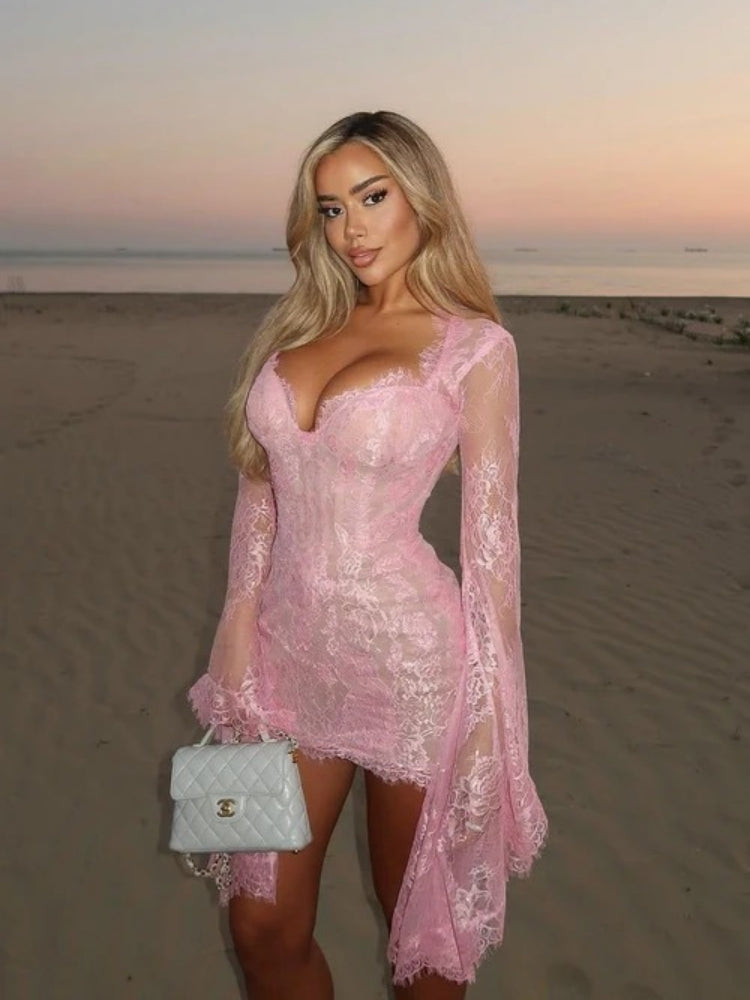 of Whispers Blush Lace Bell Sleeve Mini Dress