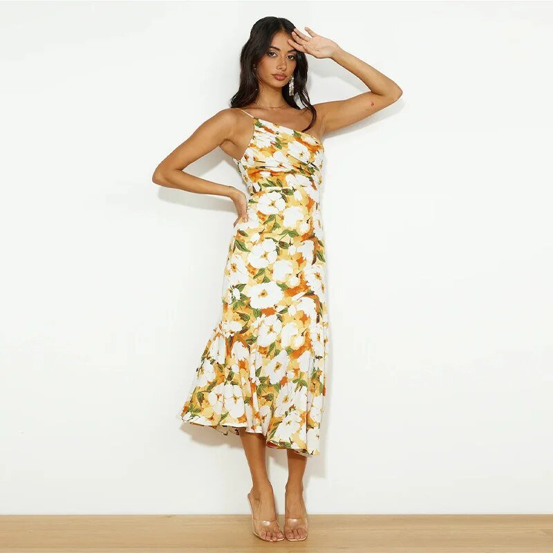 Zoraida Graceful Asymmetrical Floral Print Maxi Dress for Women