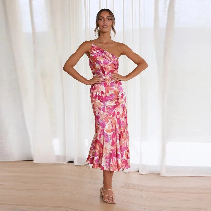 Zoraida Graceful Asymmetrical Floral Print Maxi Dress for Women