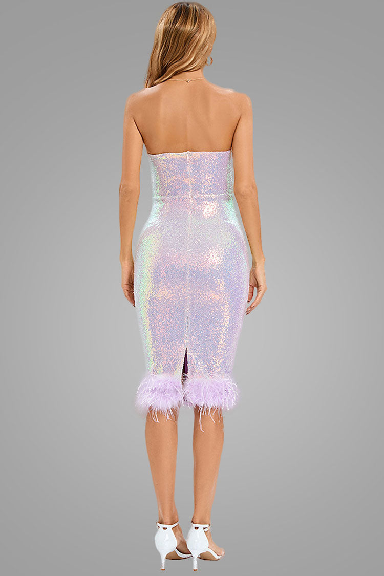 Sequin Iridescent Sweetheart Strapless Feather Cocktail Midi Dress - Lilac