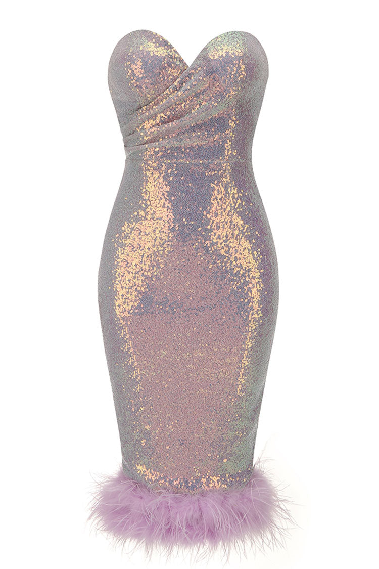 Sequin Iridescent Sweetheart Strapless Feather Cocktail Midi Dress - Lilac