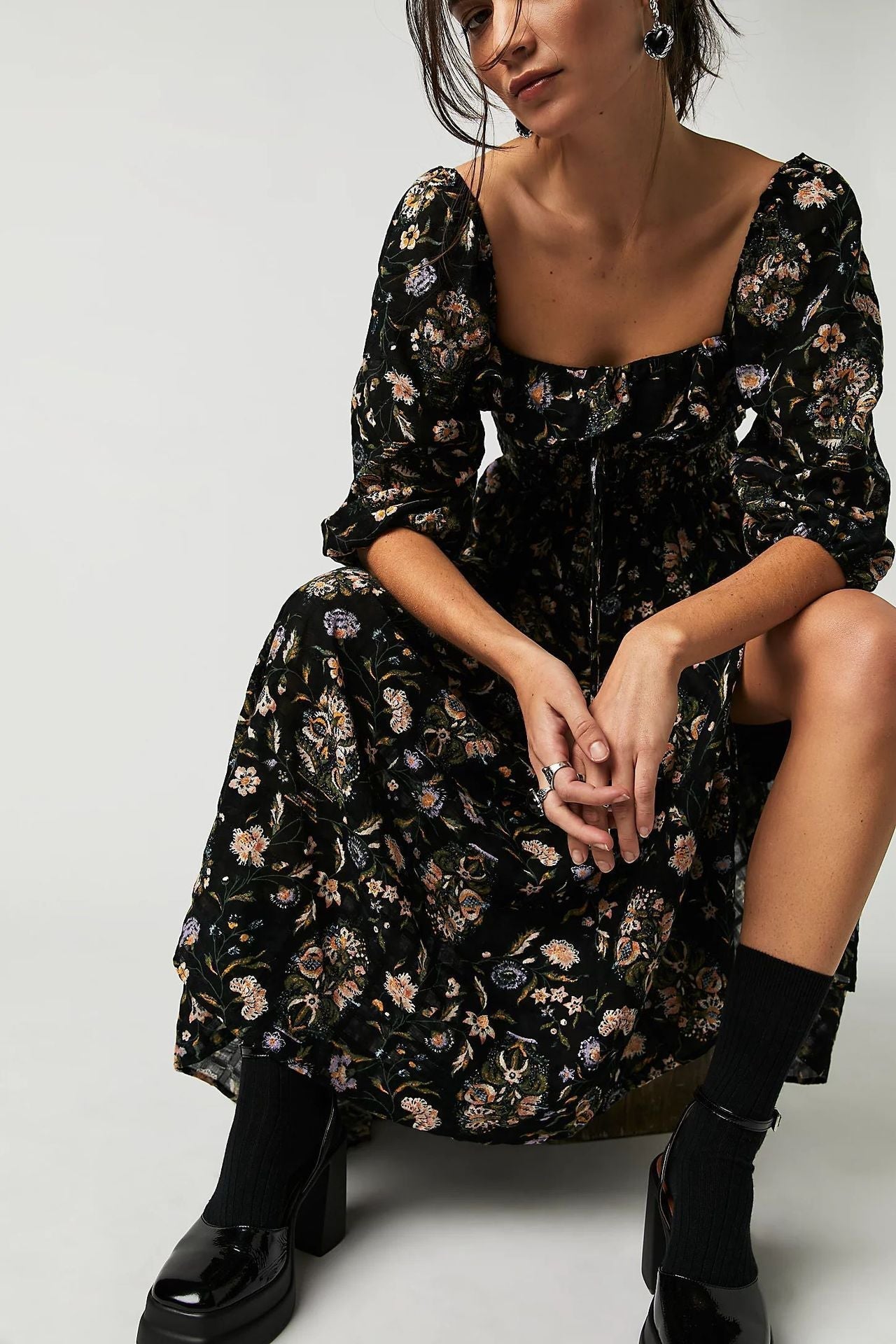 Exclusive Ariadna Printed Midi Dress with Ruched Bodice and Ruffles Statement Occasion Edit