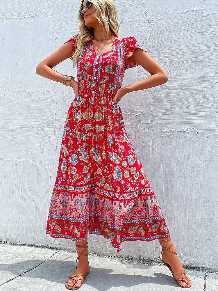 Elena Aesthetic Classic Style Red Bohemian Maxi Dress Elevated Occasion Wear
