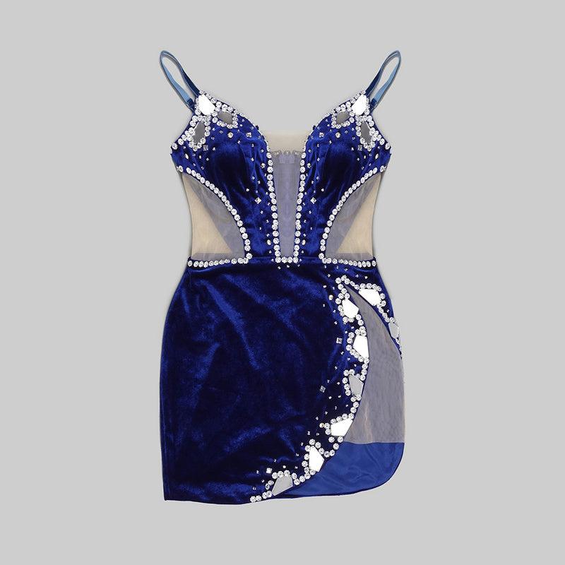 Strappy Kitty Velvet Sweetheart Crystal Trim Mesh Mini Dress