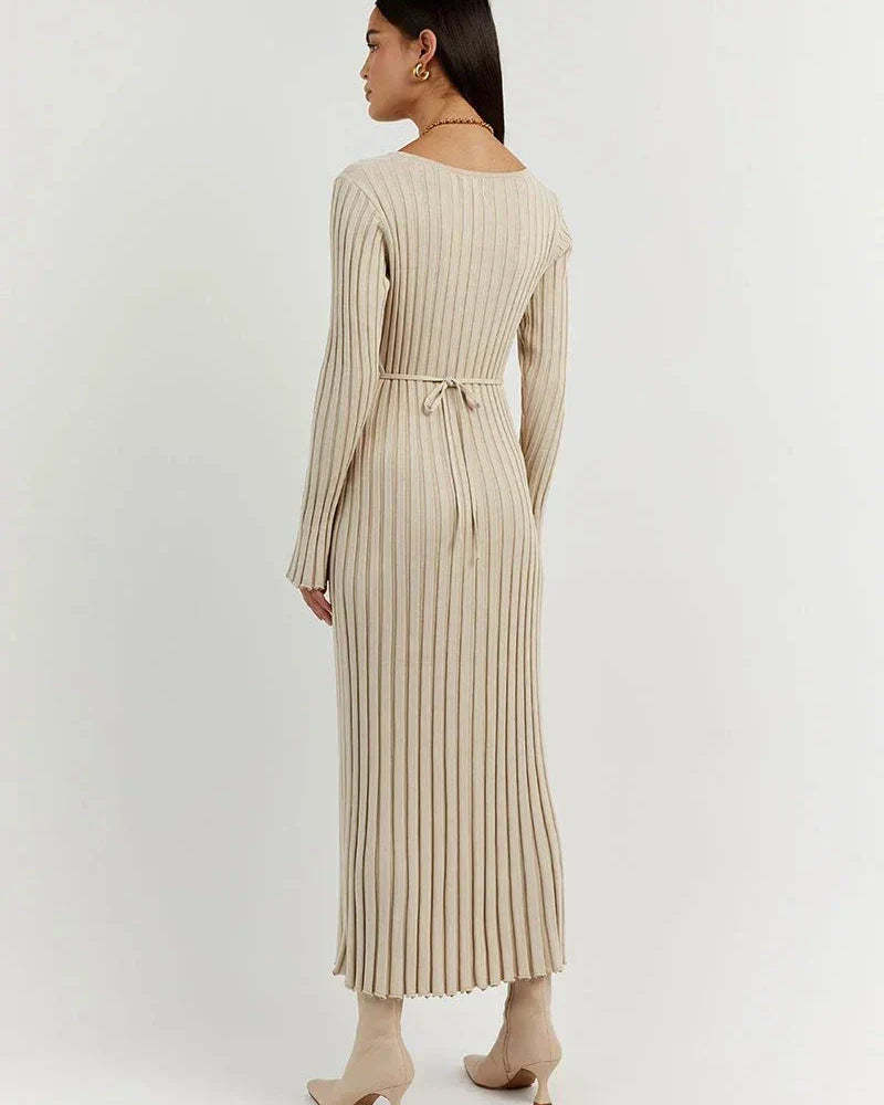 Zaira Long Sleeve Knit Midi Dress with V-neck for Women Modern Outfit