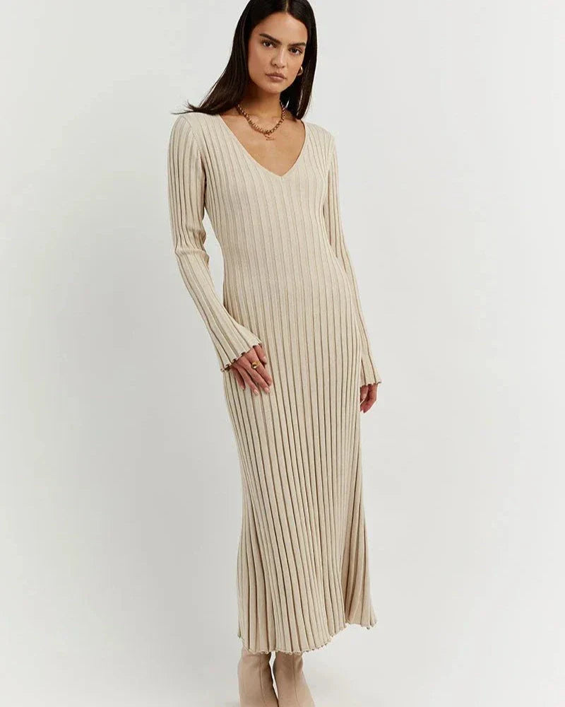 Zaira Long Sleeve Knit Midi Dress with V-neck for Women Modern Outfit