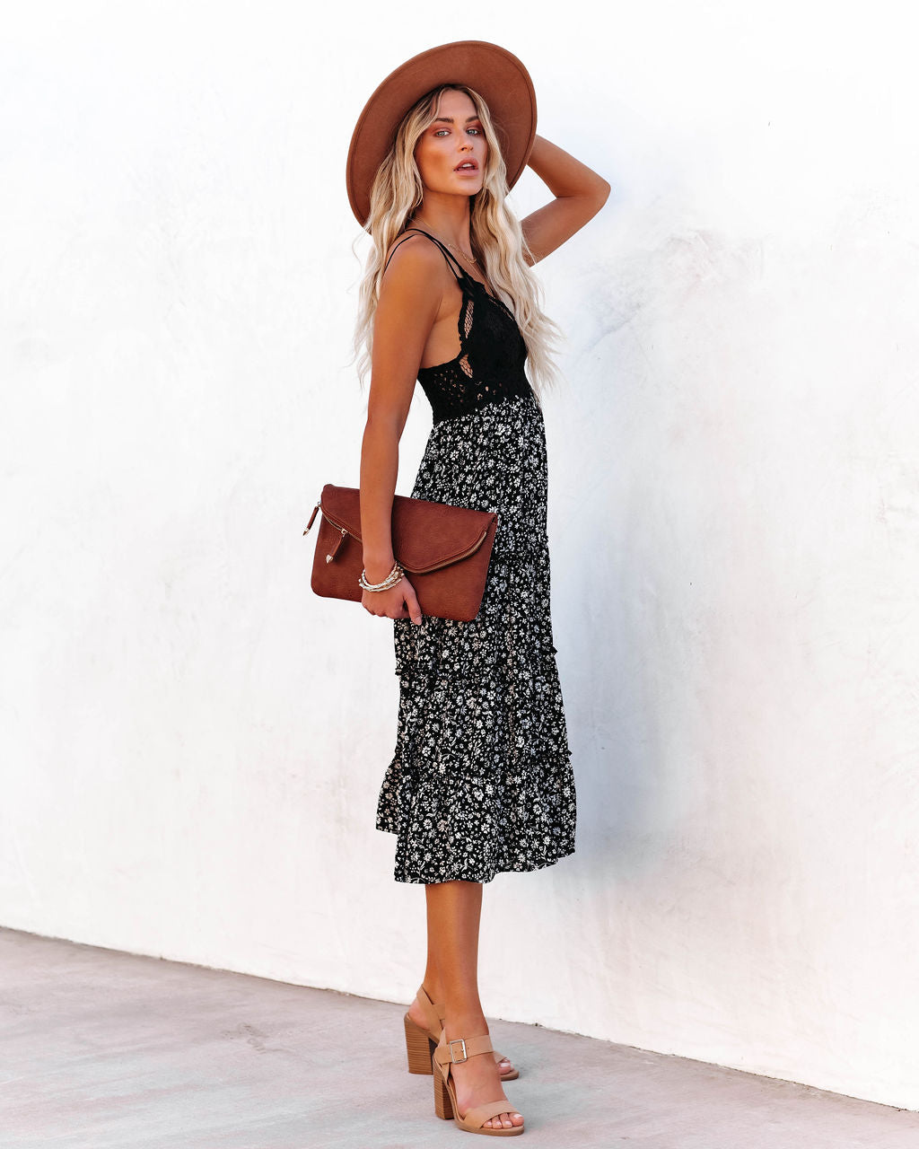 Let It Be Tiered Bloom Lace Midi Dress Black