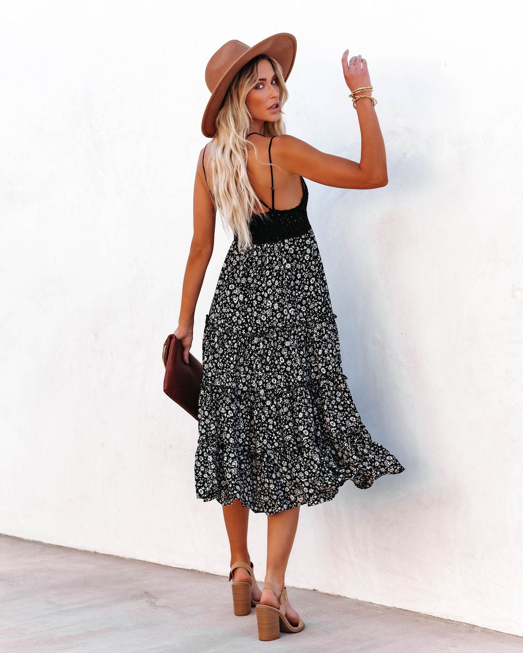 Let It Be Tiered Bloom Lace Midi Dress Black