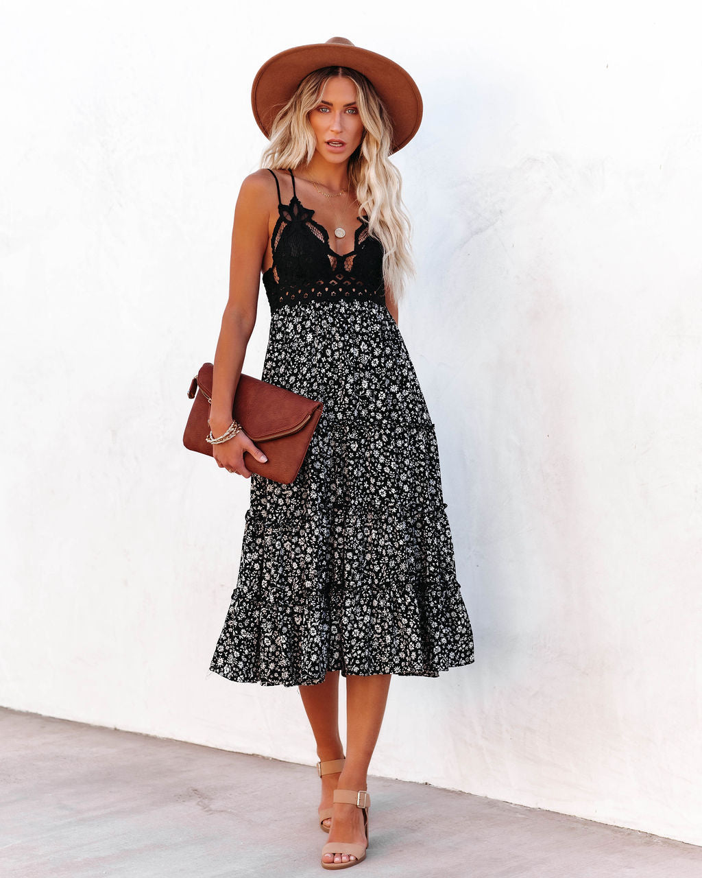 Let It Be Tiered Bloom Lace Midi Dress Black