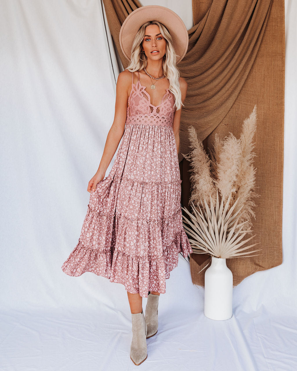 Let It Be Tiered Bloom Lace Midi Dress Mauve