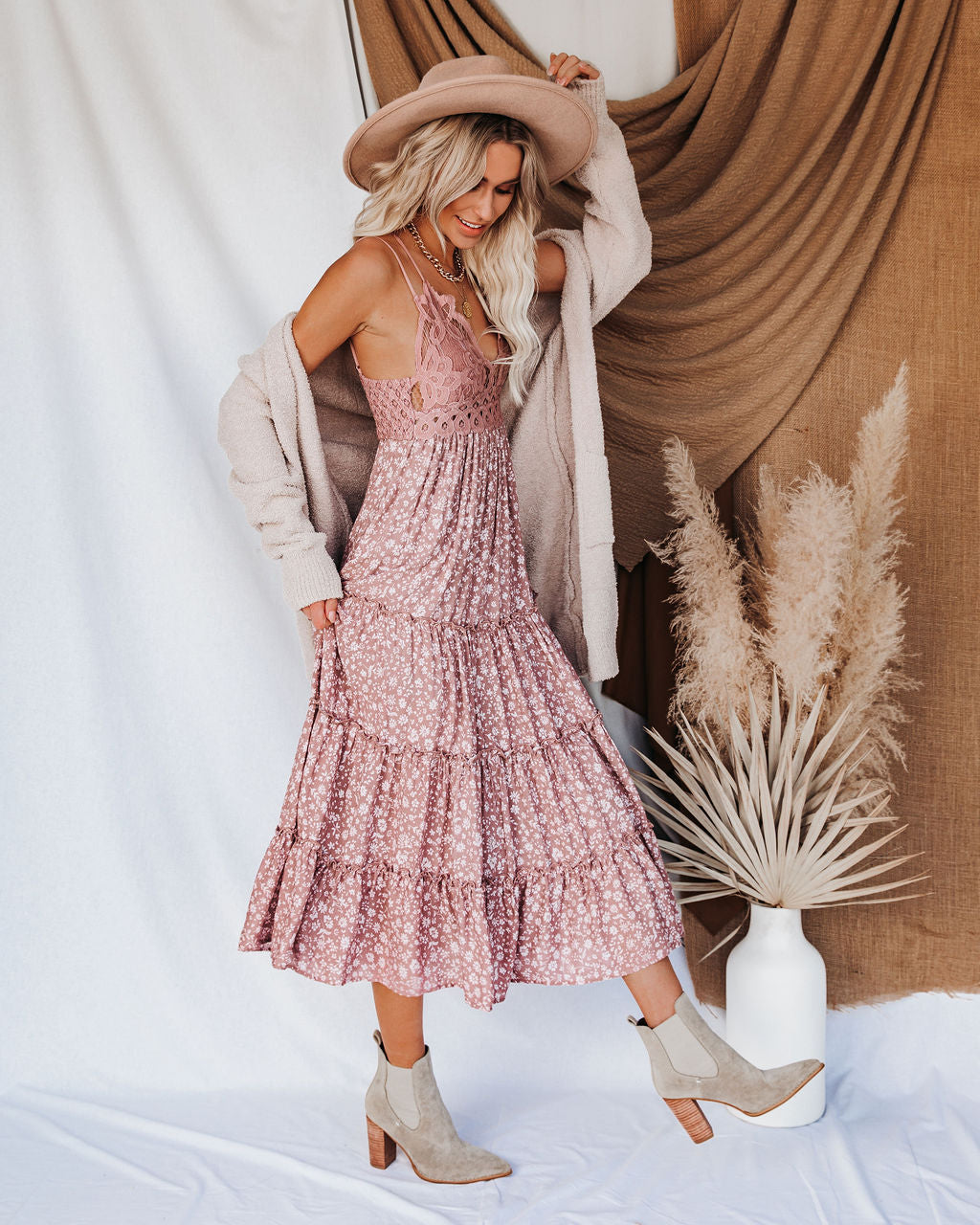 Let It Be Tiered Bloom Lace Midi Dress Mauve