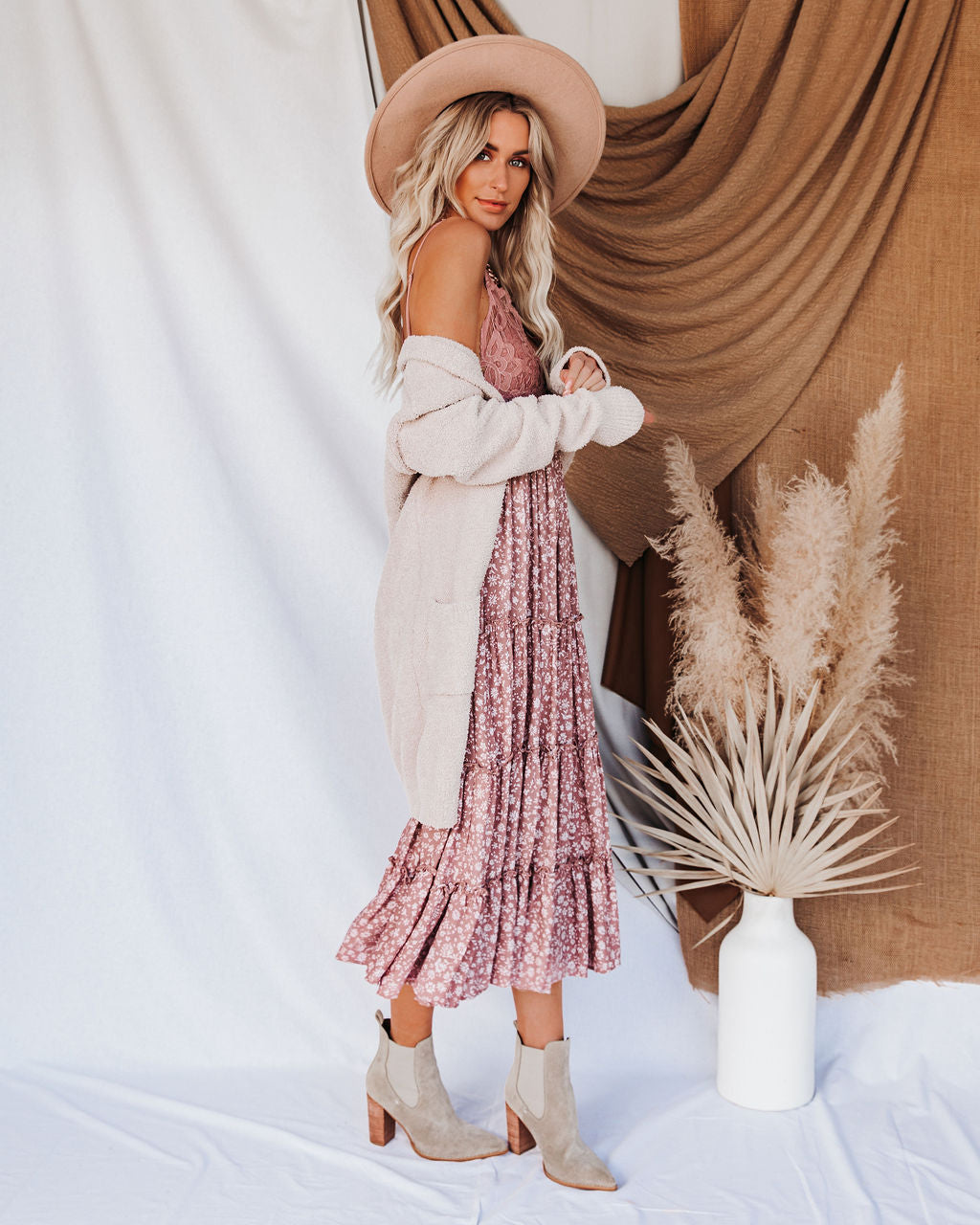 Let It Be Tiered Bloom Lace Midi Dress Mauve