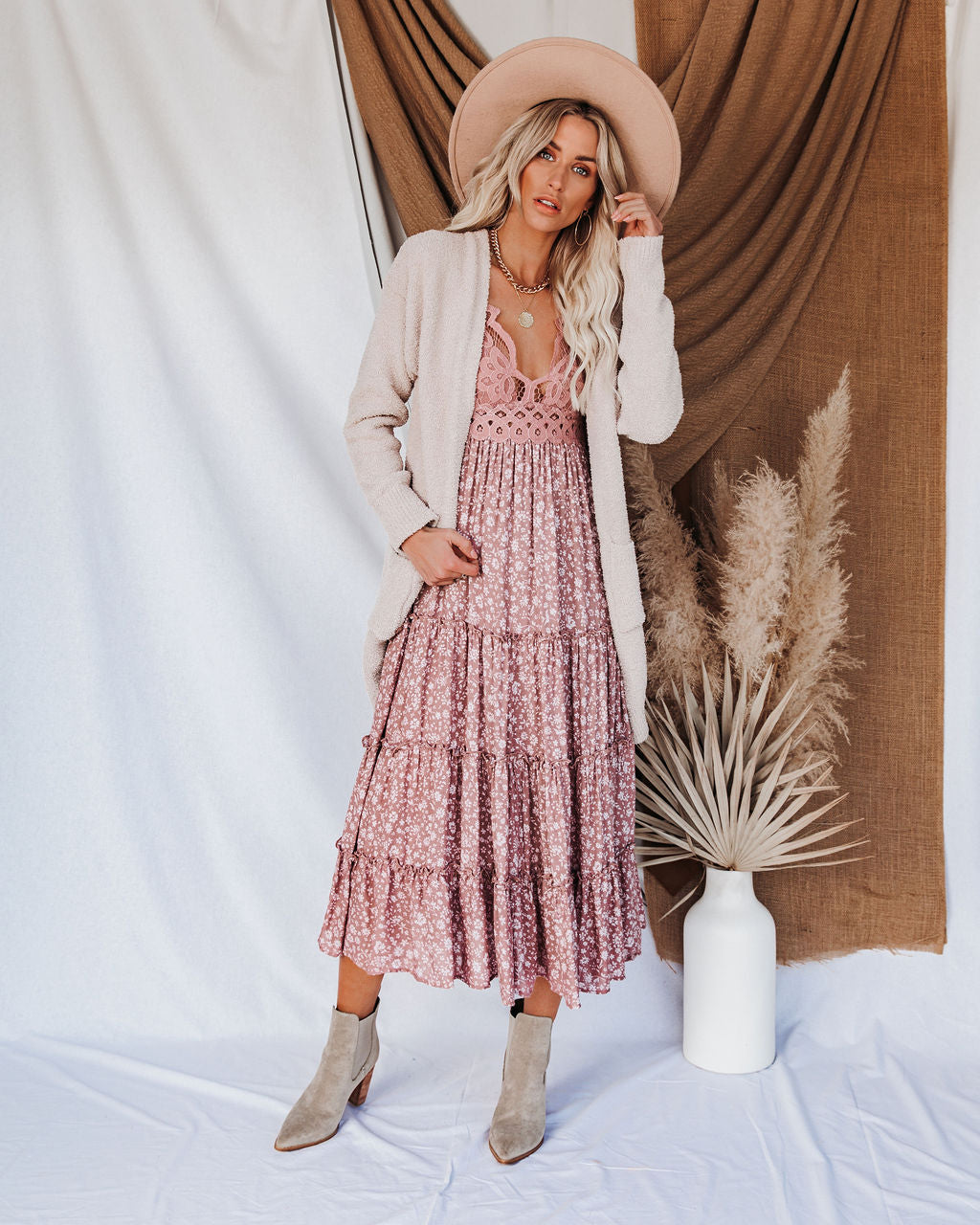 Let It Be Tiered Bloom Lace Midi Dress Mauve