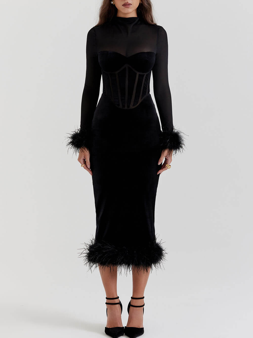 in Elegance Velvet - Black Velvet Midi Dress