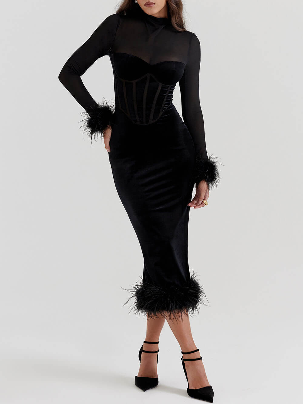 in Elegance Velvet Black Velvet Midi Dress