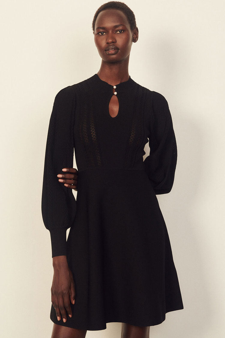 Sleeve Long Cashmere Sweater French Skater Mini Dress - Black
