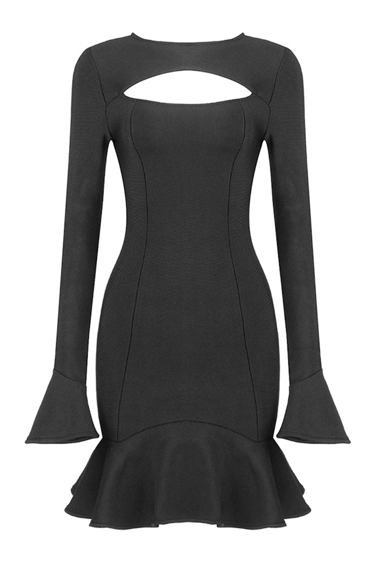Sleeve Long Cutout Front Ruffle Hem Bandage Mini Dress - Black