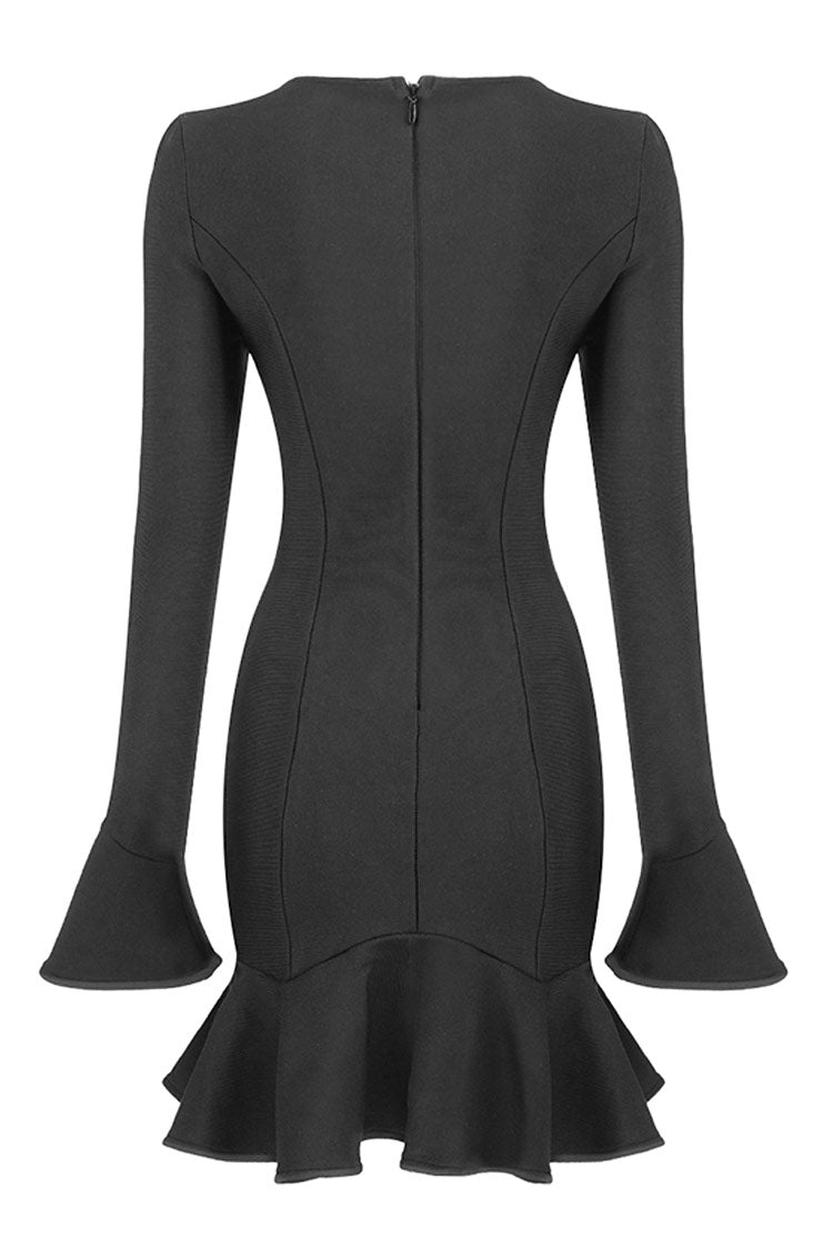 Sleeve Long Cutout Front Ruffle Hem Bandage Mini Dress - Black