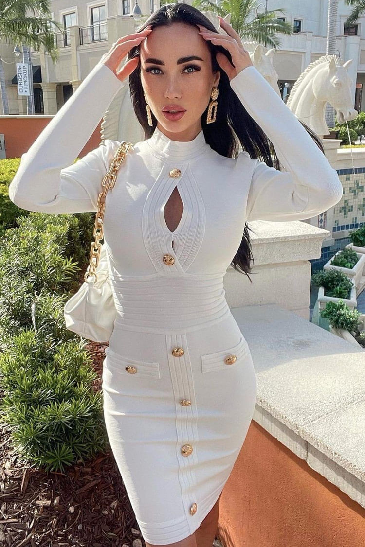 Sleeve Long High Neck Buttoned Front Cutout Bandage Midi Dress - White