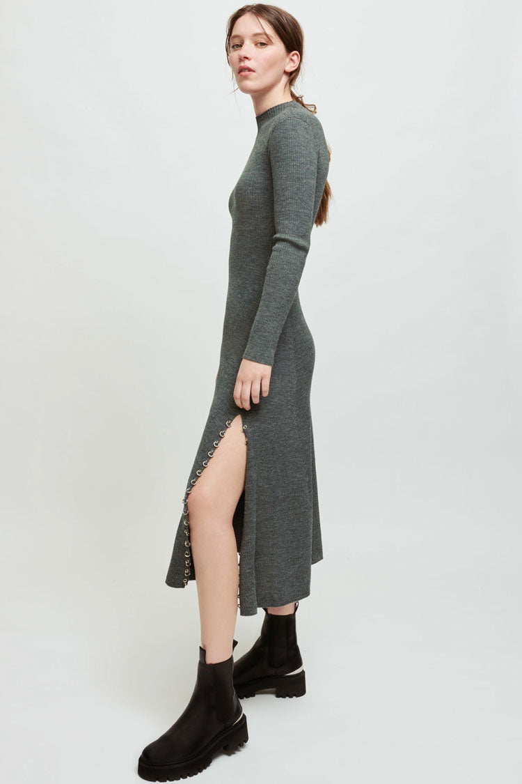 Sleeve Long High Neck High Slit Cashmere Sweater Midi Dress - Gray