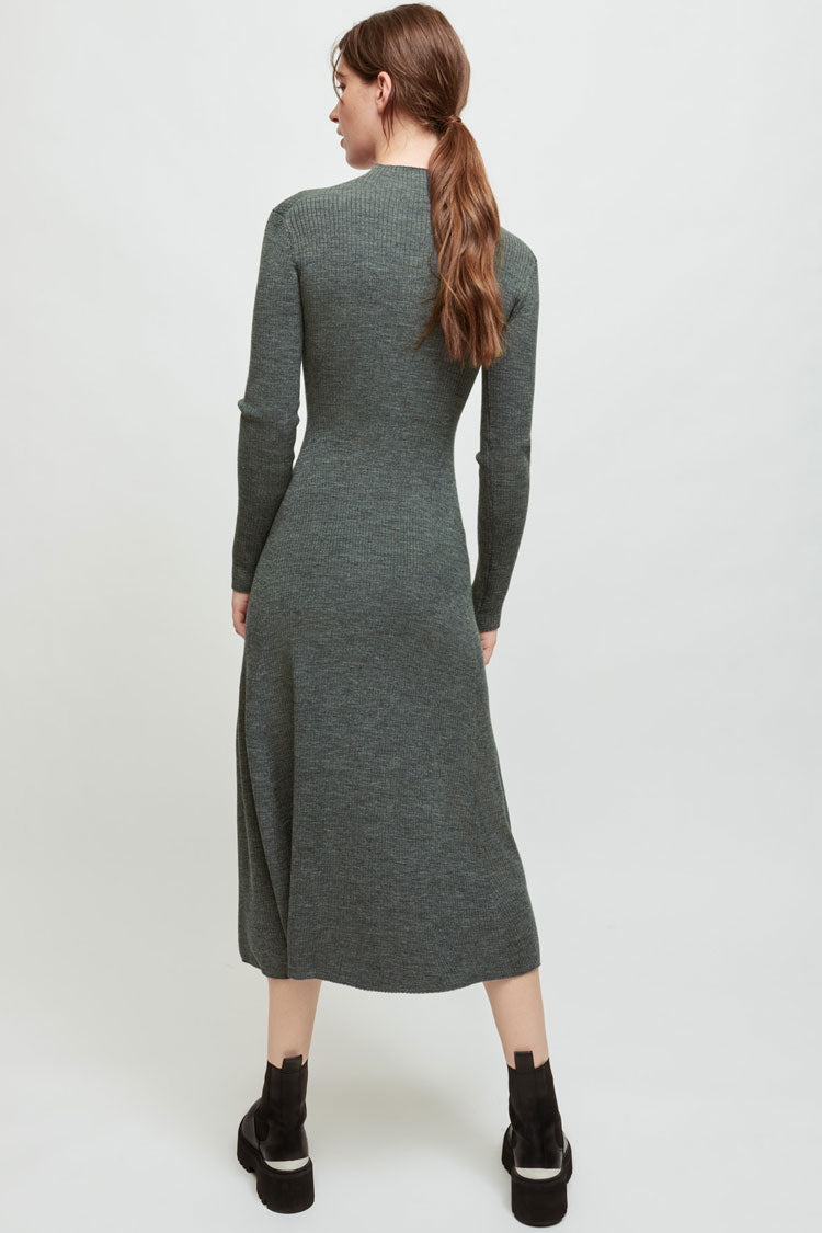 Sleeve Long High Neck High Slit Cashmere Sweater Midi Dress - Gray