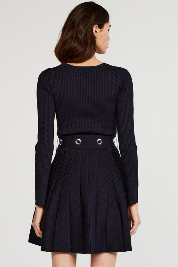 Sleeve Long Ribbed Sweater Winter Skater Mini Dress - Navy Blue