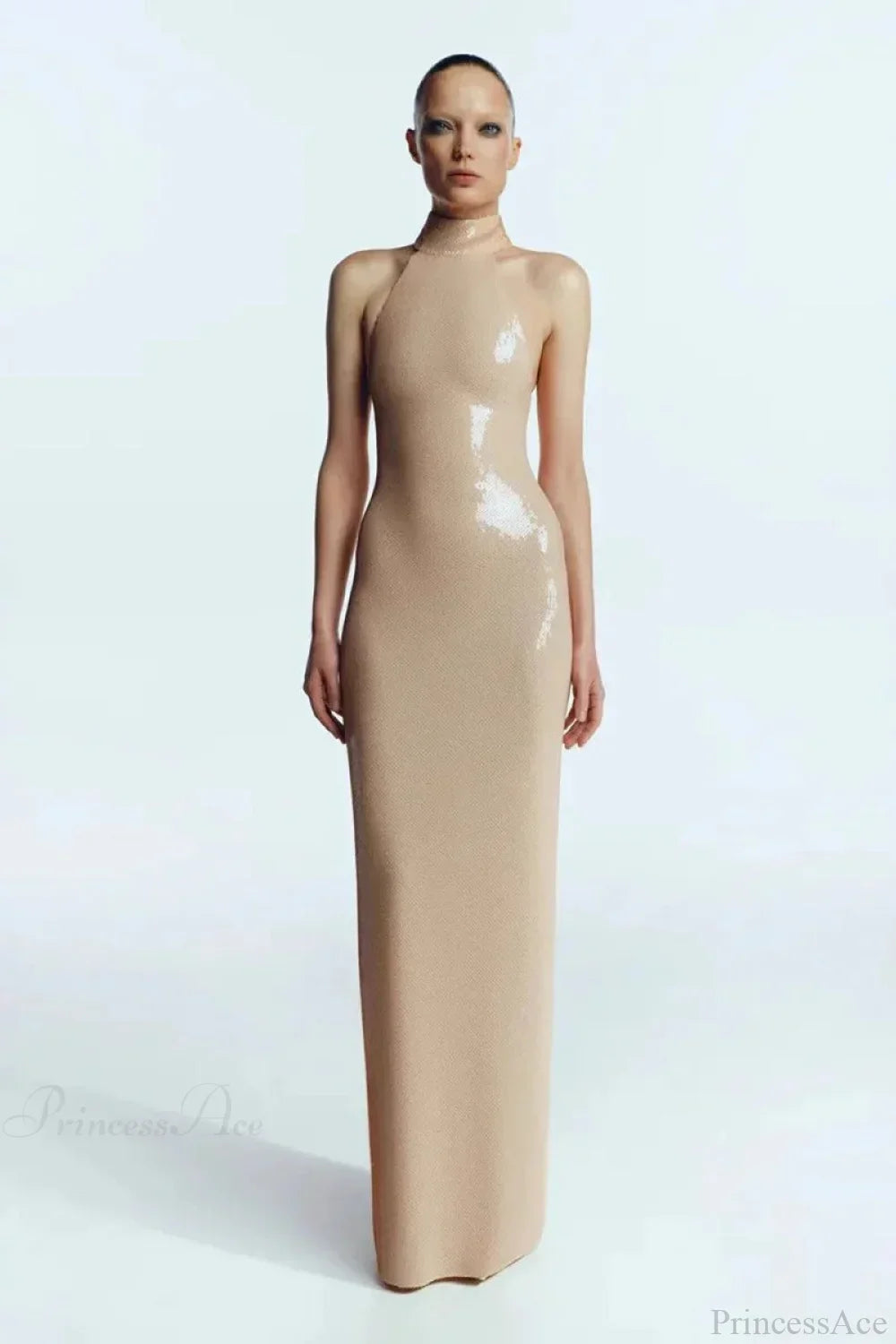 Long-Sleeved Sequin Slit Maxi Prom Dress