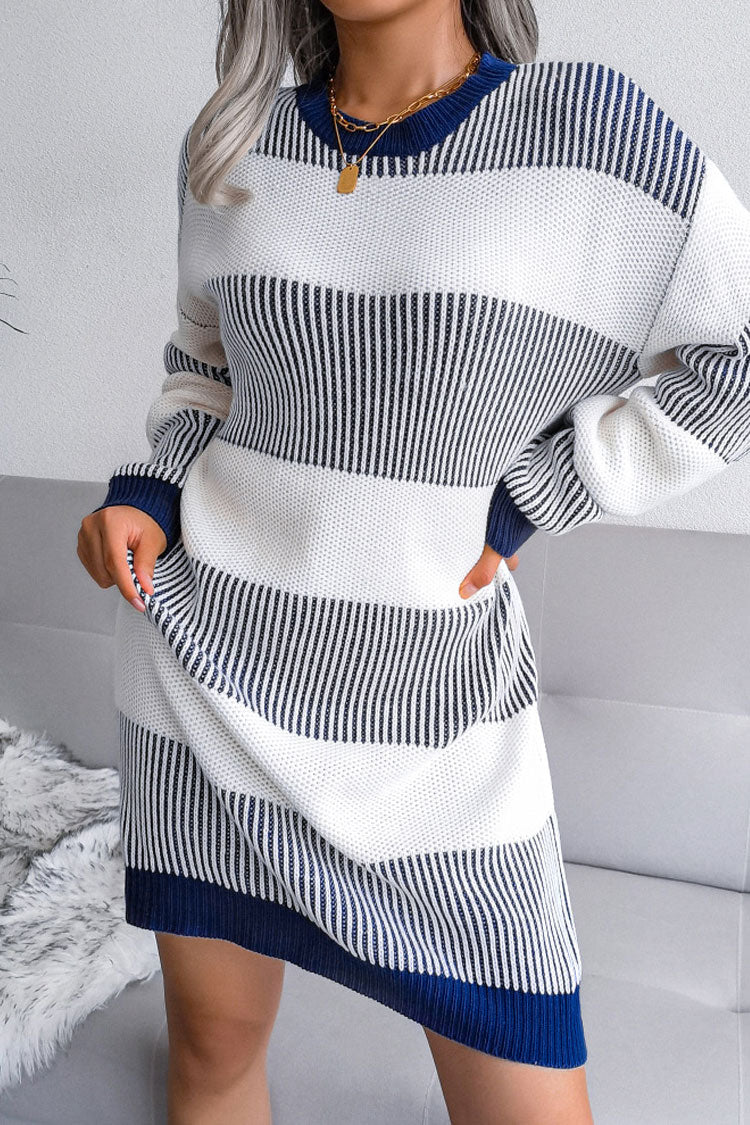 Sleeve Long Textured Striped Knit Winter Sweater Mini Dress - Royal Blue