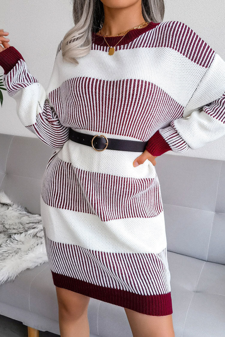 Sleeve Long Textured Striped Knit Winter Sweater Mini Dress - Wine Red