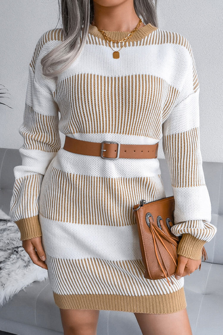 Sleeve Long Textured Striped Knit Winter Sweater Mini Dress - Khaki
