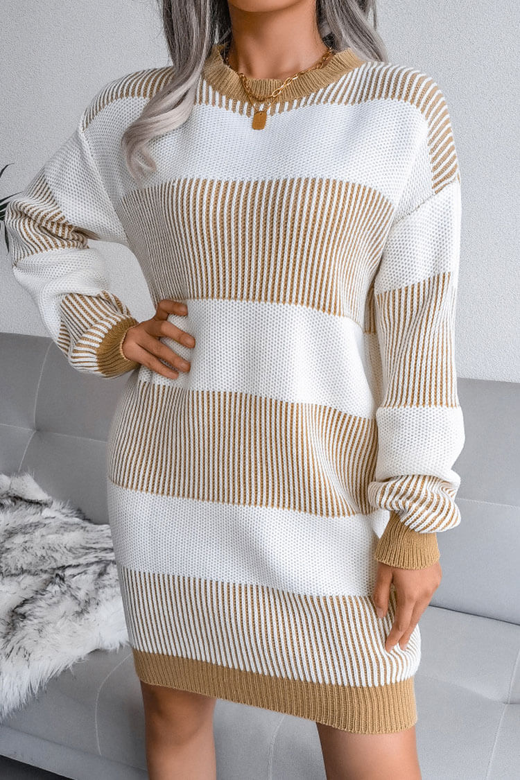 Sleeve Long Textured Striped Knit Winter Sweater Mini Dress - Khaki