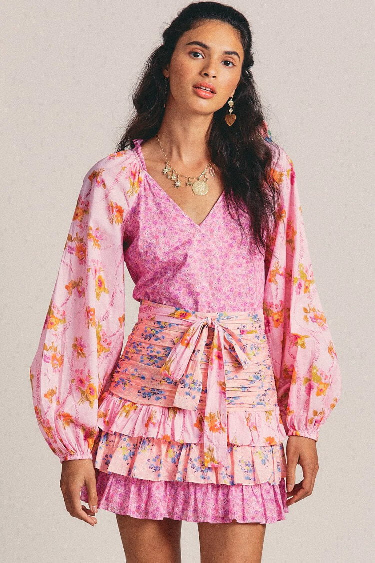 Long Sleeve Tiered Ruffle Flower Printed Mini Dress - Pink