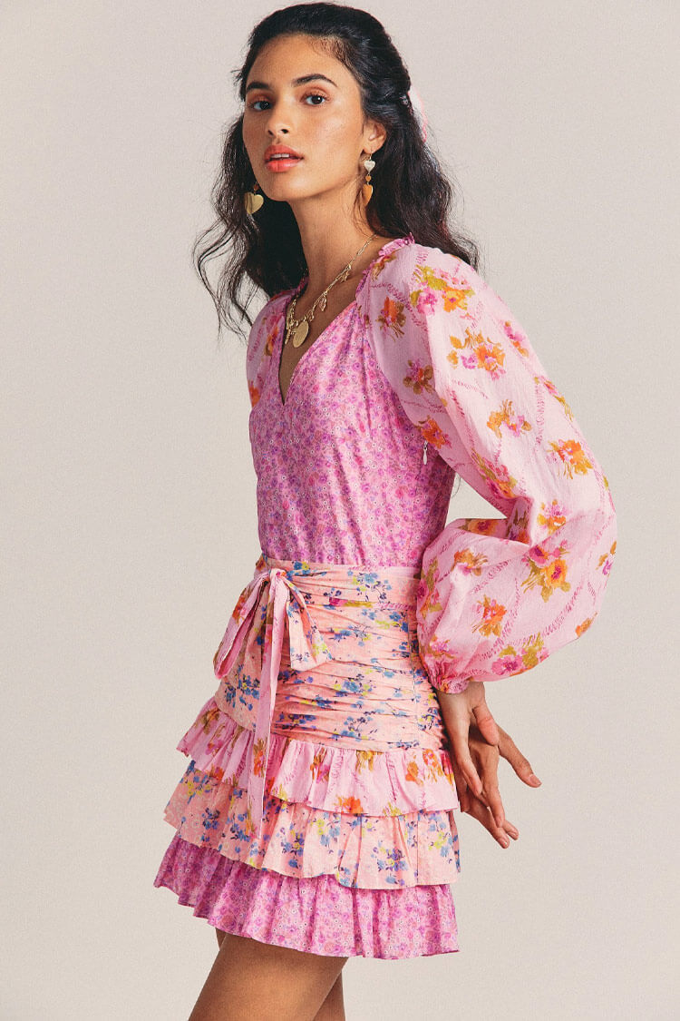 Long Sleeve Tiered Ruffle Flower Printed Mini Dress - Pink