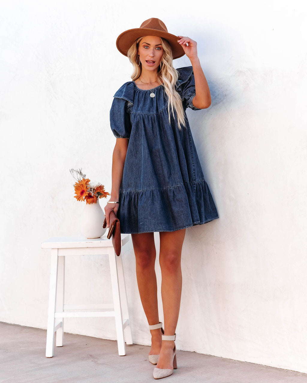 Cotton Luis Puff Sleeve Babydoll Dress Dark Wash