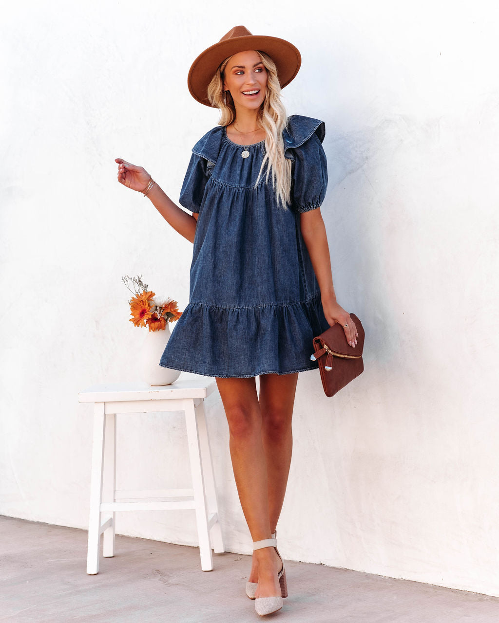 Cotton Luis Puff Sleeve Babydoll Dress Dark Wash