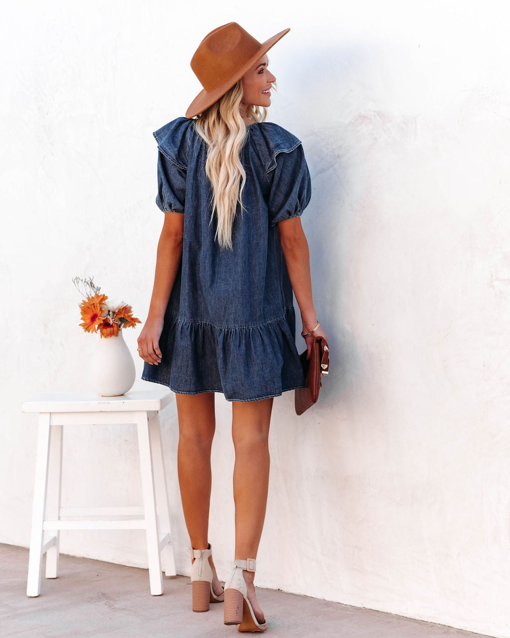 Cotton Luis Puff Sleeve Babydoll Dress Dark Wash