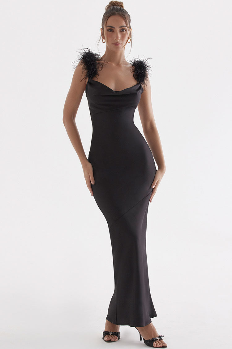 Deluxe Cowl Neck Furry Sleeveless Fishtail Satin Evening Maxi Dress - Black