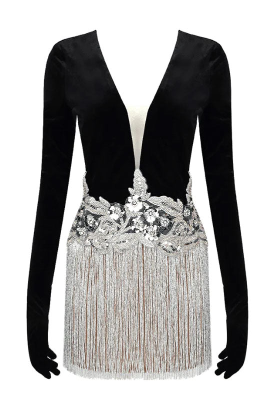 Deluxe Deep V Gloved Long Sleeve Flower Sequin Fringe Party Mini Dress - Black