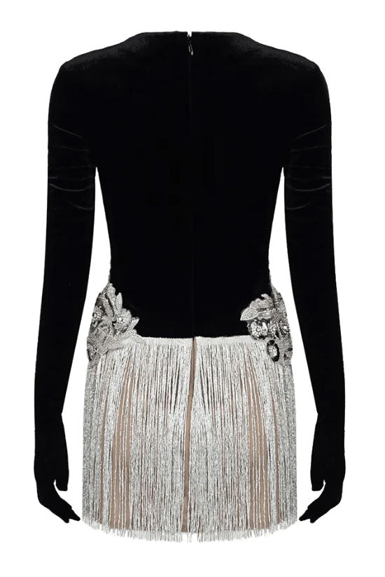 Deluxe Deep V Gloved Long Sleeve Flower Sequin Fringe Party Mini Dress - Black