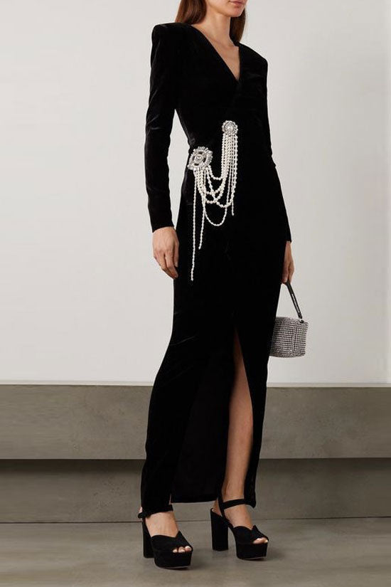 Deluxe Deep V Long Sleeve Pearl Embellished Split Velvet Evening Maxi Dress - Black