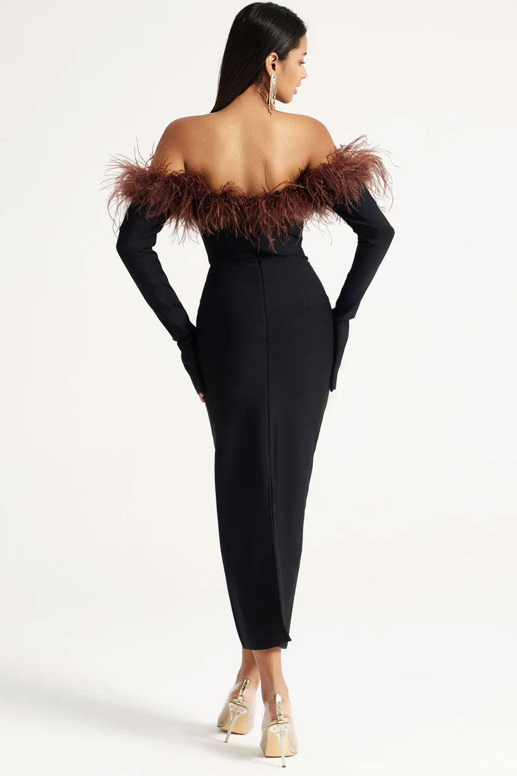 Premium Feather Trim Off Shoulder Split Sleeve Bandage Cocktail Midi Dress - Black