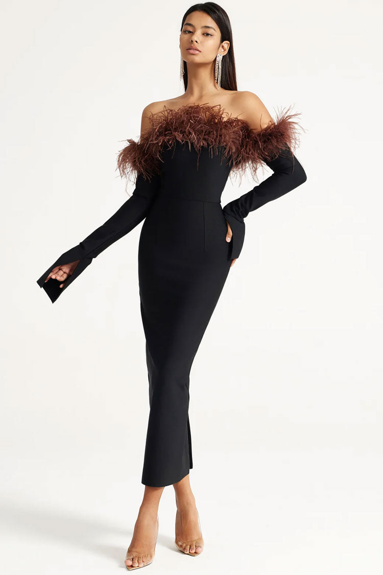 Premium Feather Trim Off Shoulder Split Sleeve Bandage Cocktail Midi Dress - Black