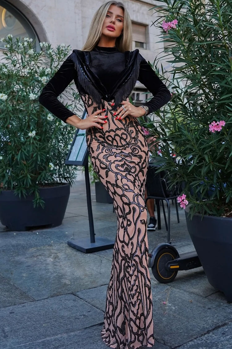 Premium Fringe Long Sleeve Fishtail Sequin Embellished Maxi Dress - Black