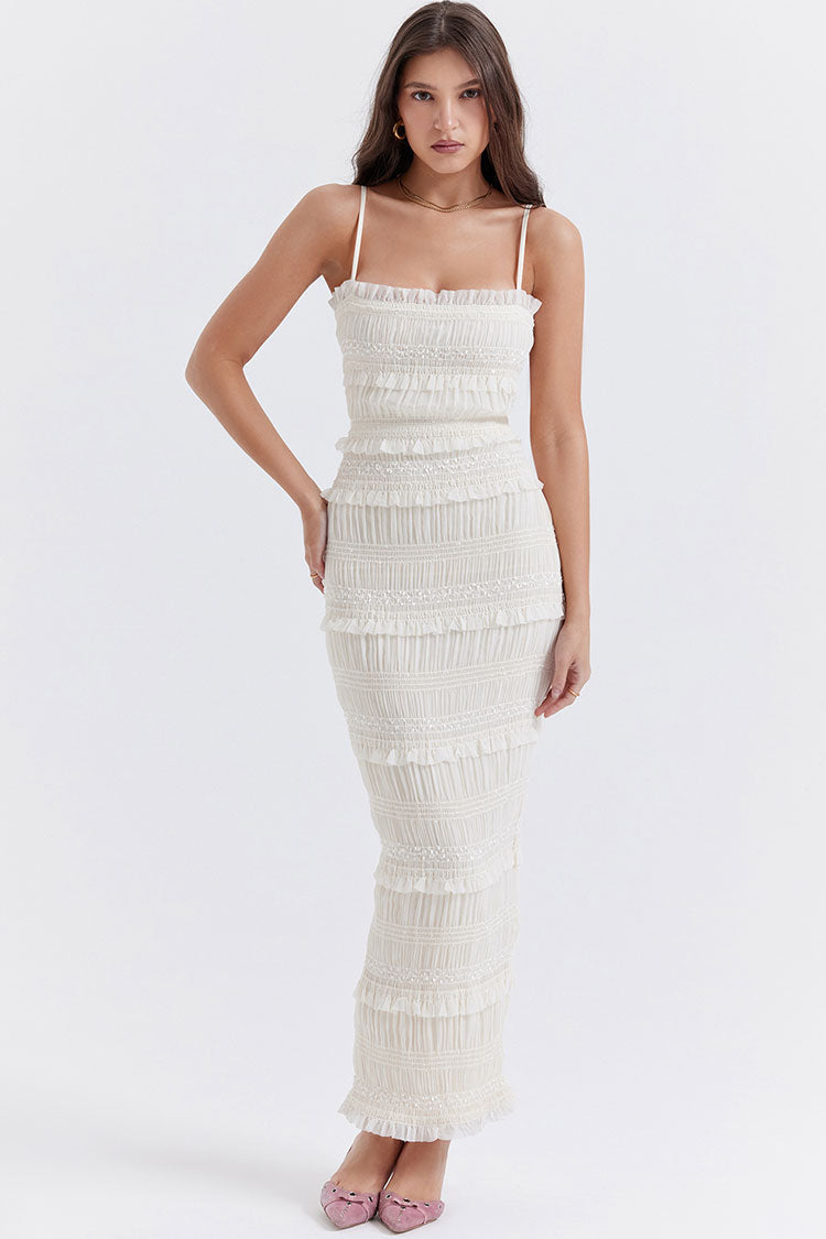 Premium Layered Ruffle Spaghetti Strap Smocked Pleated Evening Maxi Dress - Ivory